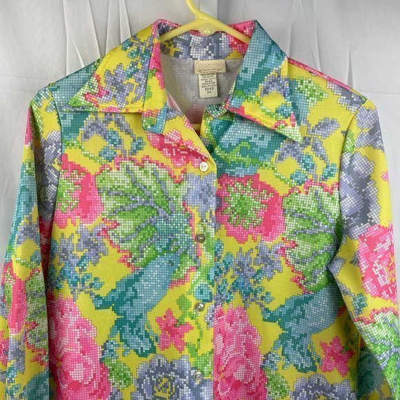Womens Vintage 60s 70s Bright Pixelated Flower Floral Button Front Top Medium‎ - Picture 2 of 7